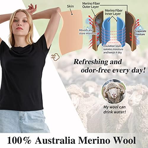 Merino Protect 100% Merino Wool T Shirts Women Crew Neck Tops Short Sleeve Odor Resistance Base Layer Travel Hiking Tee Shirt