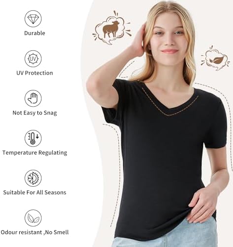 Merino Protect 100% Merino Wool V Neck T-Shirt For Women Short Sleeve Base Layers Odor Resistance Tops For Outdoor Hiking