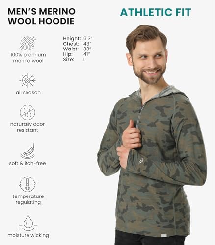 Merino.tech 100% Merino Wool Hoodie Men - Slim Fit Merino Wool Base Layer Mens Half Zip Thermal Long Sleeve Shirt And Socks