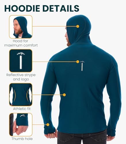 Merino.tech 100% Merino Wool Hoodie Men - Slim Fit Merino Wool Base Layer Mens Half Zip Thermal Long Sleeve Shirt And Socks
