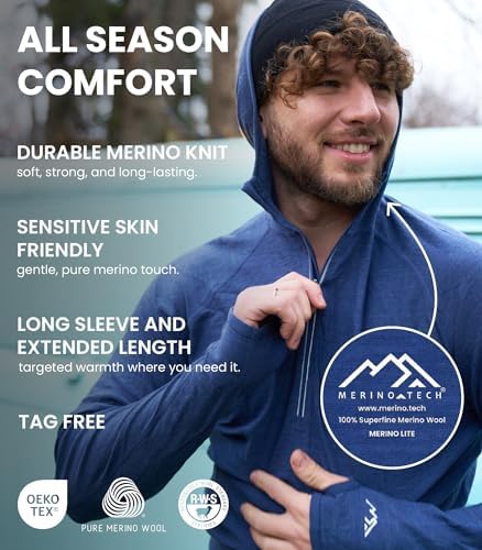 Merino.tech 100% Merino Wool Hoodie Men - Slim Fit Merino Wool Base Layer Mens Half Zip Thermal Long Sleeve Shirt And Socks