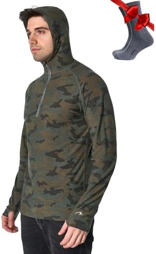 Merino.tech 100% Merino Wool Hoodie Men - Slim Fit Merino Wool Base Layer Mens Half Zip Thermal Long Sleeve Shirt and Socks