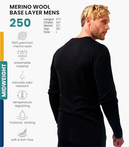 Merino.tech Merino Wool Base Layer - Mens 100% Merino Wool Long Sleeve Thermal Shirts Heavyweight Midweight Lite With Socks