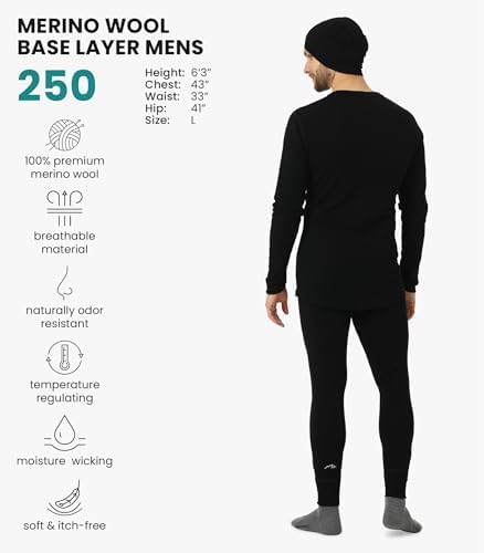 Merino.tech Merino Wool Base Layer Mens Set + Beanie - Midweight Merino Wool Mens Thermal Underwear Set Top Bottom