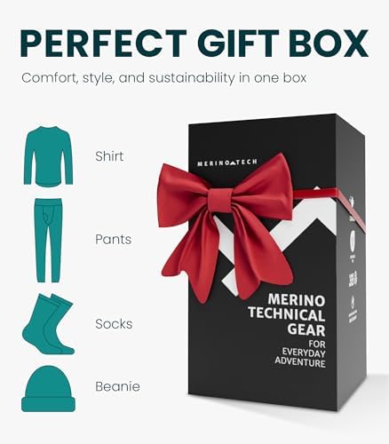 Merino.tech Merino Wool Base Layer Mens Set + Beanie - Midweight Merino Wool Mens Thermal Underwear Set Top Bottom