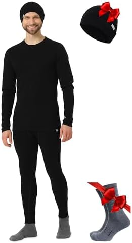 Merino.tech Merino Wool Base Layer Mens Set + Beanie - Midweight Merino Wool Mens Thermal Underwear Set Top Bottom
