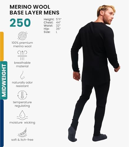 Merino.tech Merino Wool Base Layer Mens Set - Heavyweight Midweight Lite Merino Wool Thermal Underwear For Men Top Bottom