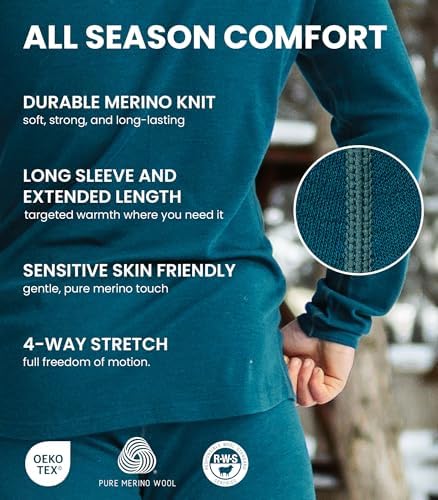 Merino.tech Merino Wool Base Layer Mens Set - Heavyweight Midweight Lite Merino Wool Thermal Underwear For Men Top Bottom