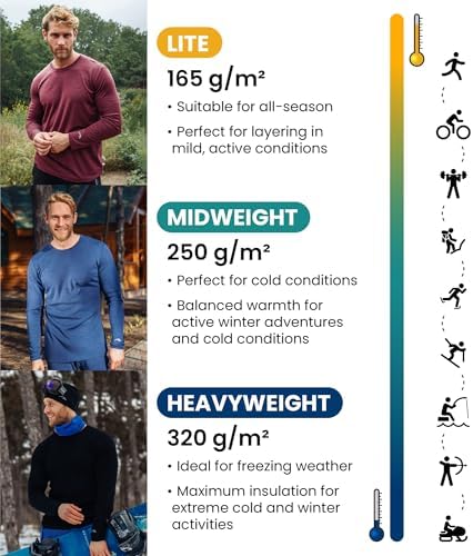 Merino.tech Merino Wool Base Layer Mens Set - Heavyweight Midweight Lite Merino Wool Thermal Underwear For Men Top Bottom