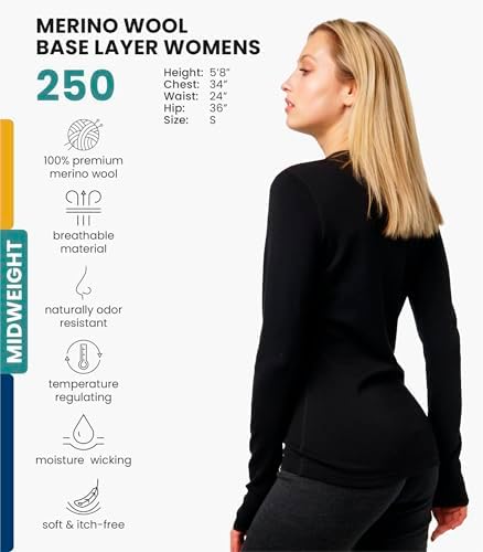 Merino.tech Merino Wool Base Layer Women - 100% Merino Wool Heavyweight Midweight Lite Long Sleeve Thermal Shirt And Socks