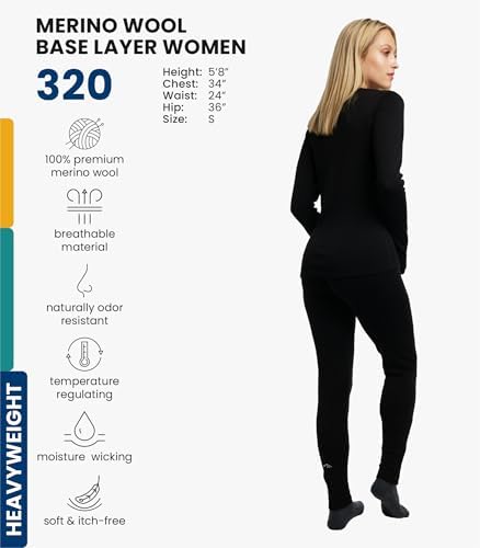 Merino.tech Merino Wool Base Layer Women Set - Heavyweight Lite Midweight Merino Thermal Underwear For Women Top Bottom
