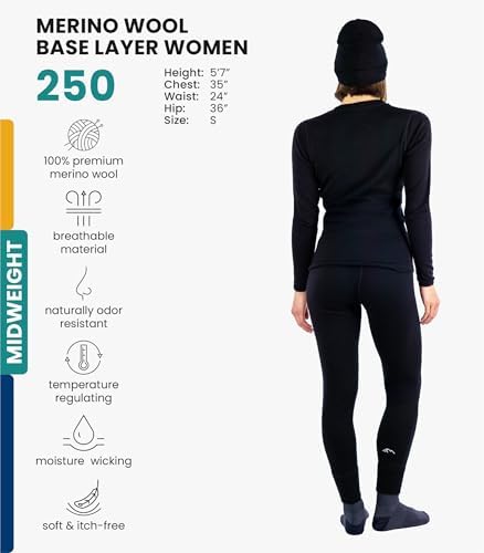 Merino.tech Merino Wool Base Layer Women Set - Midweight Merino Wool Underwear Women Top Bottom