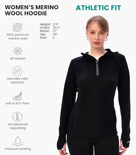 Merino.tech Merino Wool Hoodie Women - Slim Fit 100% Merino Wool Base Layer Women Half Zip Thermal Long Sleeve Shirt