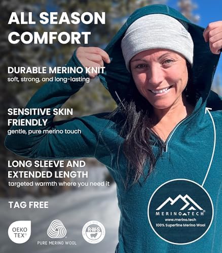 Merino.tech Merino Wool Hoodie Women - Slim Fit 100% Merino Wool Base Layer Women Half Zip Thermal Long Sleeve Shirt