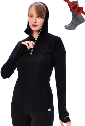 Merino.tech Merino Wool Hoodie Women - Slim Fit 100% Merino Wool Base Layer Women Half Zip Thermal Long Sleeve Shirt