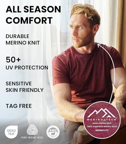 Merino.tech Merino Wool T-Shirt Mens - 100% Merino Wool Undershirt Lightweight Base Layer