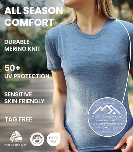 Merino.tech Merino Wool T Shirt Women - 100% Merino Wool Base Layer Women Short Sleeve Moisture-Wicking Tee And Hiking Socks