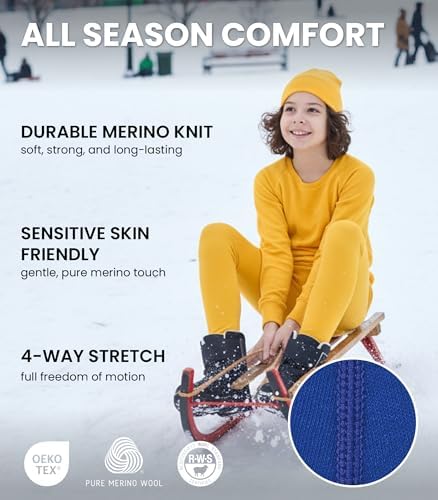 Merino Wool Base Layer Kids - Midweight Merino Wool Long Johns For Kids - Unisex Thermal Pants