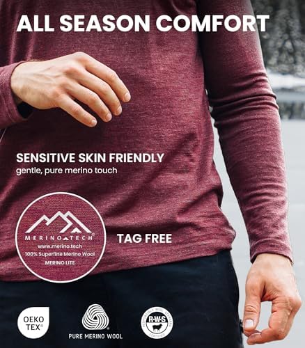 Merino Wool Base Layer Mens - 100% Merino Wool Shirts For Men Thermal Underwear Long Sleeve T-Shirt For Hiking Hunting