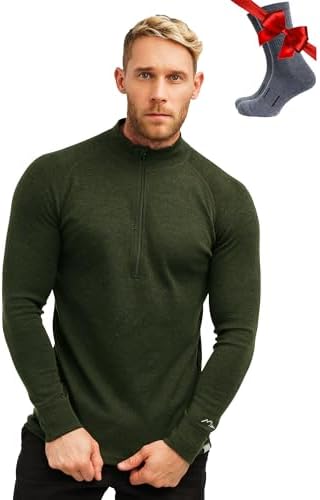 Merino Wool Base Layer Mens - Wool Half Zip Sweater Men - Merino Quarter Zip Sweater Lite Midweight Heavyweight and Socks