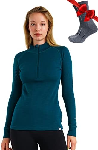 Merino Wool Base Layer Women - 100% Merino Half Zip Sweater Women Lite Midweight Heavyweight Thermal Shirts and Socks