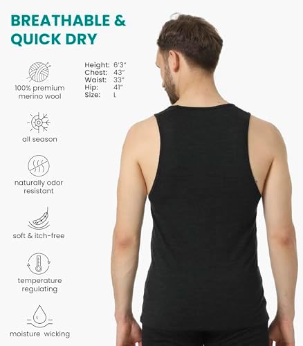 Merino Wool Tank Top Men - Active Merino Wool Undershirt Moisture Wicking Breathable Anti-Odor Lightweight Base Layer