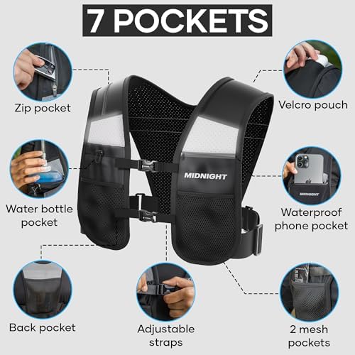 MIDNIGHT Water Resistant Running Vest - Reflective Vest For Running 7 Pockets For Extra Storage Lightweight Phone Holder