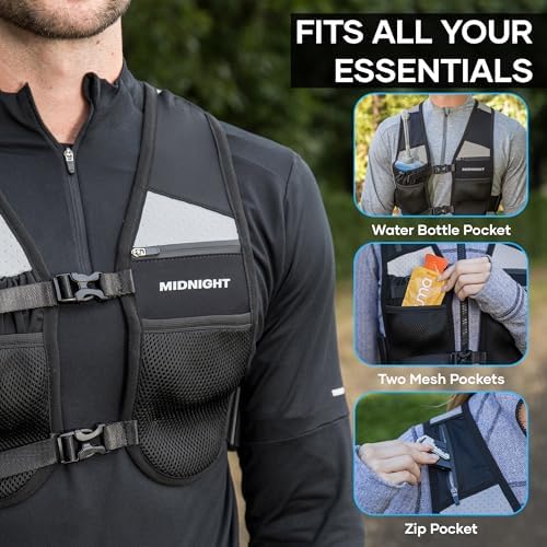 MIDNIGHT Water Resistant Running Vest - Reflective Vest For Running 7 Pockets For Extra Storage Lightweight Phone Holder