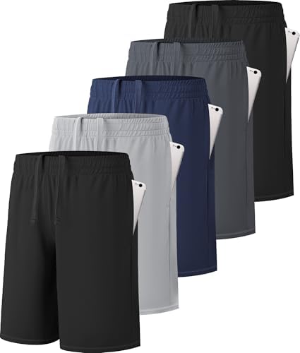 MLYENX 5 Pack Boys Athletic Shorts Active Performance Youth Kids Basketball Shorts Quick Dry with Elastic Waist Pockets