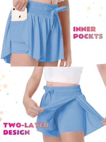 MODERN ASIR 3 Pack Girls Flowy Shorts With Spandex Liner 2-in-1 Youth Butterfly Skirts For Fitness Running Sports
