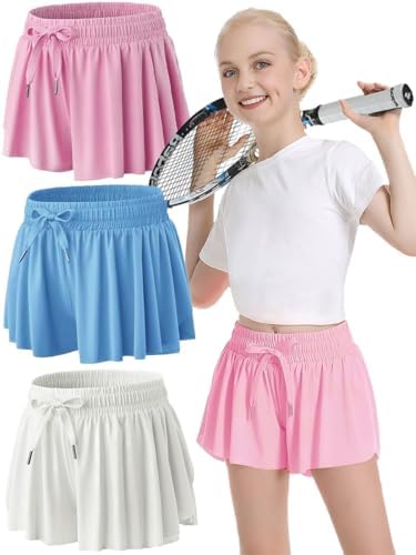 MODERN ASIR 3 Pack Girls Flowy Shorts with Spandex Liner 2-in-1 Youth Butterfly Skirts for Fitness Running Sports