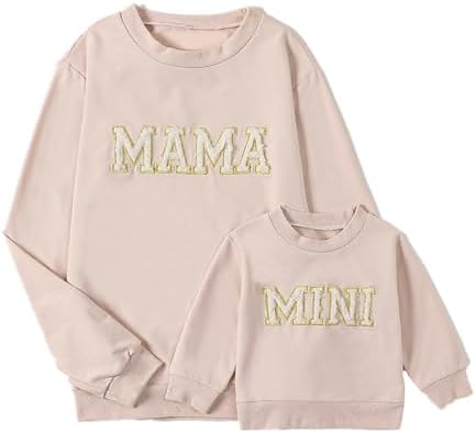 Mommy and Me Letter Print Matching Family Outfits Long Sleeve Crewneck Casual Sweatshirt T-Shirt