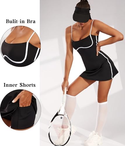Move With You Womens Workout Tennis Dress With Built-in Bra & Shorts Pockets Sleeveless Exercise Golf Dresses
