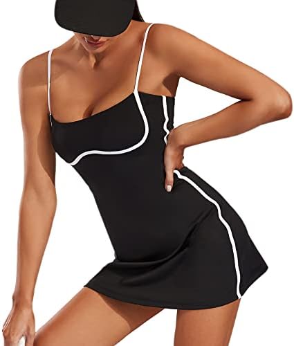 Move With You Womens Workout Tennis Dress with Built-in Bra & Shorts Pockets Sleeveless Exercise Golf Dresses