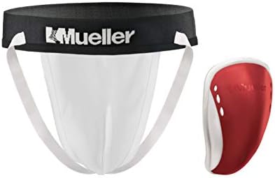 MUELLER Sports Medicine Teen Boy's Athletic Supporter with Flex Shield Cup Youth Jockstrap for Sports White Underwear/Red Cup Large