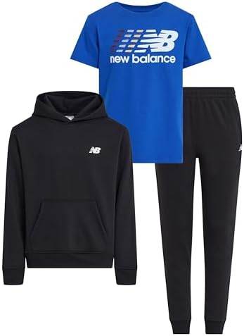 New Balance 3Pc Sweatsuit for Boys & Toddlers - Pullover Hoodie T-Shirt Jogger Kids Soft Cotton Blend Fleece (2T-12)
