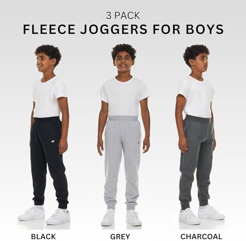 New Balance Boys Fleece Jogger 3 Pack – Kids Soft Cotton Blend Fleece Sweatpants With Pockets Athletic Fit Sizes 4-20
