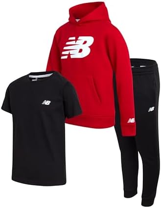 New Balance Boys Sweat Suit Set - 3 Piece Short Sleeve Graphic Tee Fleece Pullover Hoodie and Jogger Pants for Boys (4-16)
