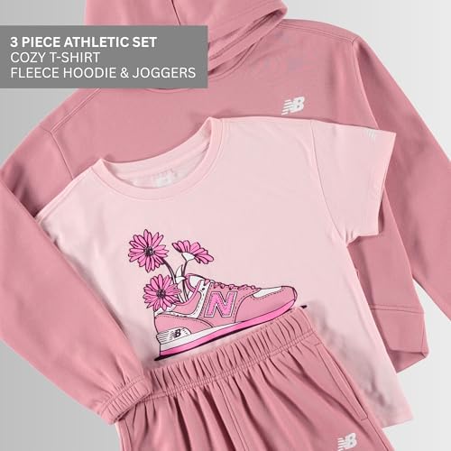 New Balance Girls 3pc Sweatsuit - Cotton Blend Fleece Activewear Set - Pullover Crewneck Hoodie T-Shirt Jogger (4-12)