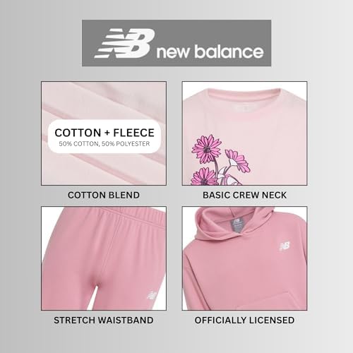 New Balance Girls 3pc Sweatsuit - Cotton Blend Fleece Activewear Set - Pullover Crewneck Hoodie T-Shirt Jogger (4-12)