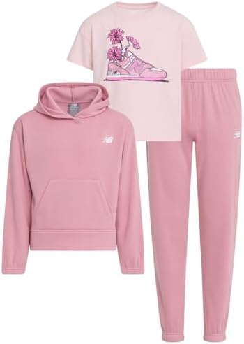 New Balance Girls 3pc Sweatsuit - Cotton Blend Fleece Activewear Set - Pullover Crewneck Hoodie T-Shirt Jogger (4-12)