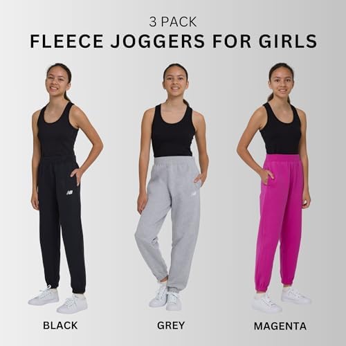 New Balance Girls Active Fleece Jogger 3 Pack – Soft Cotton Blend Fleece Athletic Performance Casual Sweatpants (4-16)