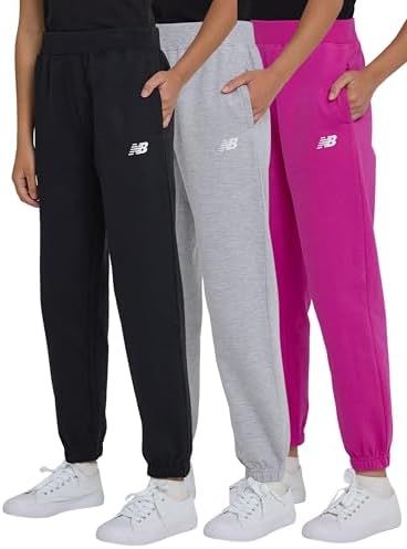 New Balance Girls Active Fleece Jogger 3 Pack – Soft Cotton Blend Fleece Athletic Performance Casual Sweatpants (4-16)