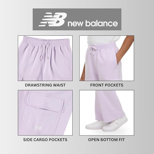 New Balance Girls Cargo Sweatpants – Soft Cotton Fleece Blend Pull-On Wide Leg Open Bottom Sweats Drawstring Sizes 4-16