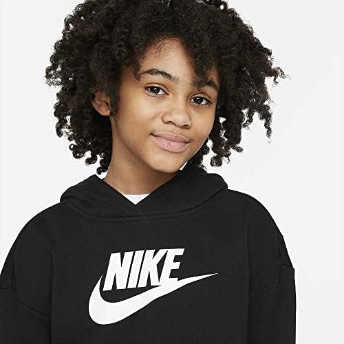 Nike Girl's Sportswear Club Fleece Crop Hoodie (Little Kids/Big Kids) Black/White M (10-12 Big Kid)