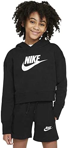 Nike Girl's Sportswear Club Fleece Crop Hoodie (Little Kids/Big Kids) Black/White M (10-12 Big Kid)