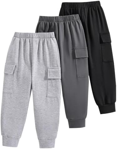 Nivne Tco Boys Casual Pants-Solid Color Soft Trousers-Toddler Boys 3 Pack Sweatpants Set (3-7 Years)
