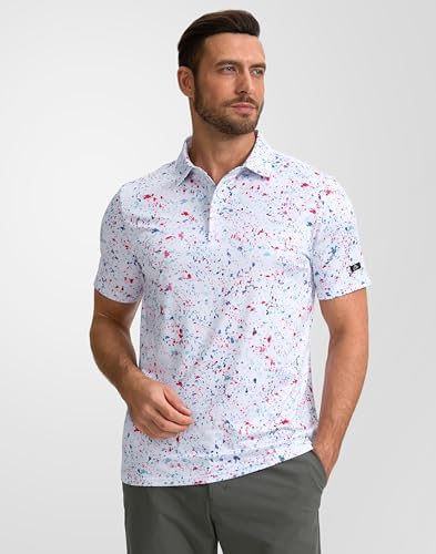 Obla Mens Golf Polo Shirts Short Sleeve Dry Fit Performance Moisture Wicking Casual Print Collared Golf Shirts For Men