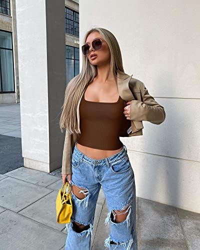 OLCHEE Womens 3 Pack Crop Tank Tops Basic Seamless Ribbed Sleeveless Square Neck Workout Top Summer Exercise Yoga Gym Shirts