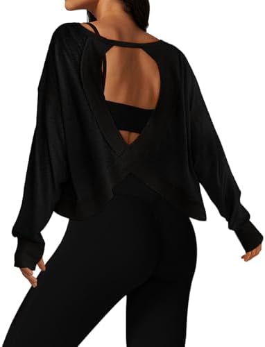 Open Back Workout Tops for Women Long Sleeve Cropped Athletic Clothes Gym Running Yoga Low Impact Sports T Shirts